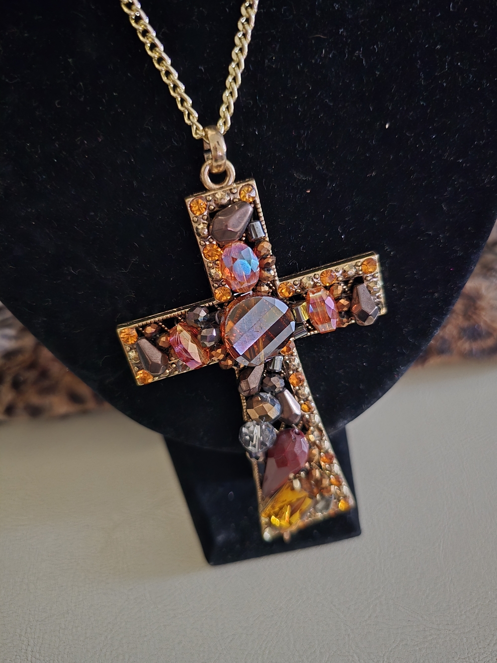 Gold-Tone Multicolor Crystal Cross Pendant Necklace